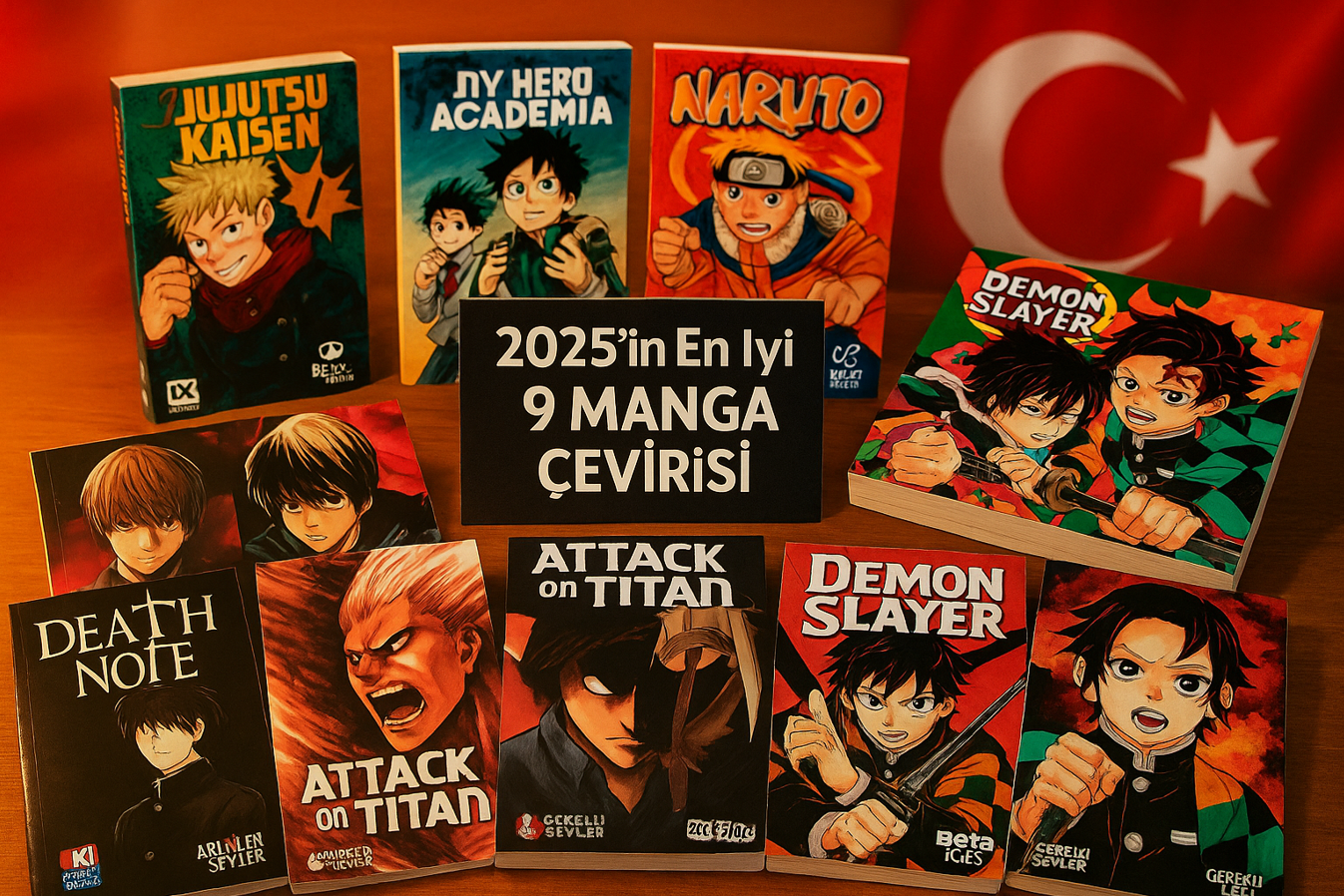 Türkiye’nin en iyi 9 manga çevirisi bir arada: Rengarenk kapaklar, koleksiyon coşkusu ve Türk bayrağı önünde, “Hangi yayınevi favorin?” diye göz kırpan eğlenceli bir masa sahnesi!