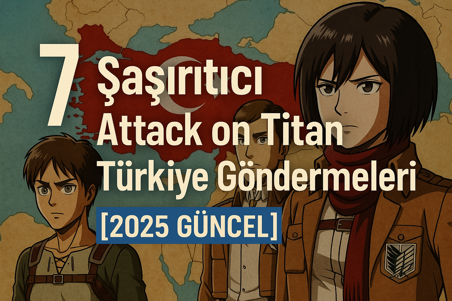 Attack on Titan Türkiye göndermeleri öne çıkan görsel: Mikasa, Eren ve Erwin’in yer aldığı, arka planda Türkiye haritası ve Türk bayrağı bulunan özel illüstrasyon (2025 güncel)