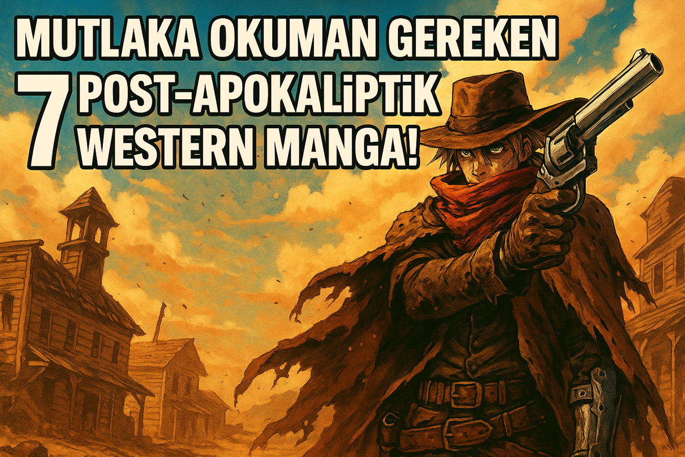 Mutlaka Okuman Gereken 7 Post-Apokaliptik Western Manga! — Tozlu, yıkık bir kasabada, manga tarzında çizilmiş, biyonik kollu ve silahlı bir kovboyun ön planda olduğu, clickbait tarzında büyük başlıklı, yatay dikdörtgen post-apokaliptik Western manga öneri görseli.