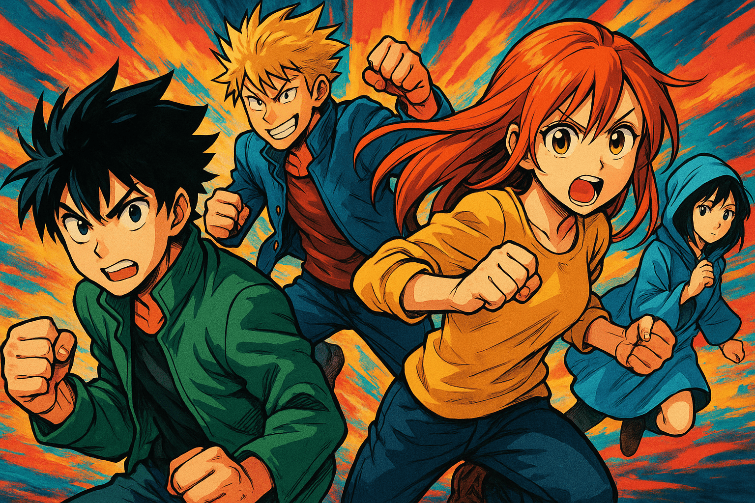 2025’in en iyi sürükleyici kısa manga tavsiyeleri için renkli manga karakterlerinin yer aldığı dinamik bir illüstrasyon.