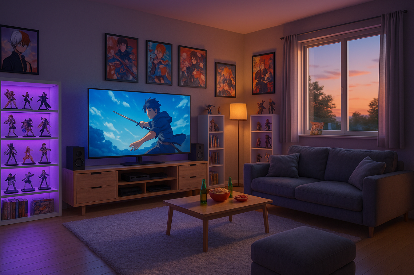 Anime posterleri, raflarda figürler, atıştırmalık dolu masa ve gün batımında keyifli bir anime izleme odası: Sıcacık, modern ve ilham verici!