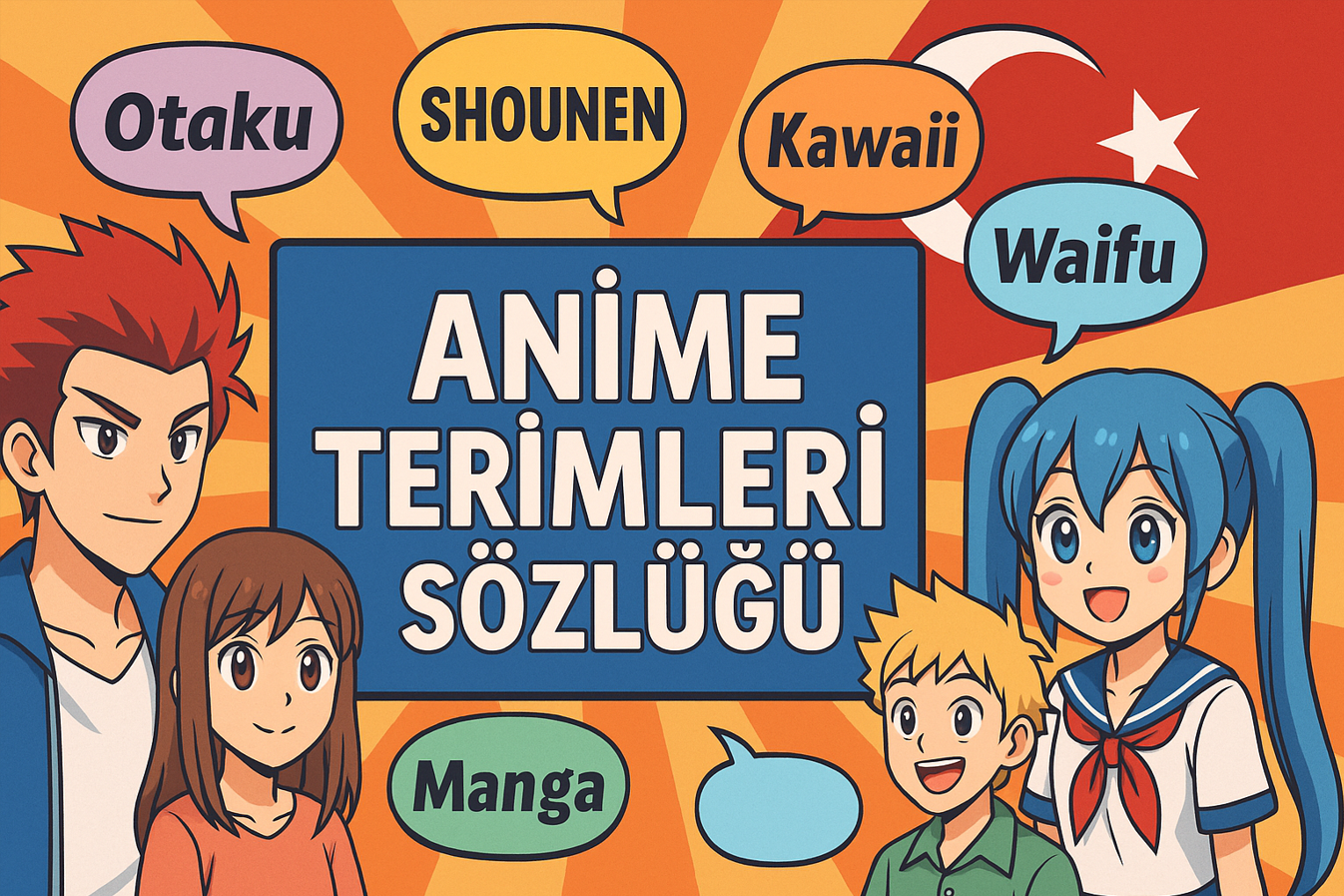 Dört sevimli anime karakteri konuşma balonlarıyla “Otaku”, “Shounen”, “Kawaii”, “Waifu” ve “Manga” diye bağırıyor; ortada kocaman “Anime Terimleri Sözlüğü” tabelası – Türkiye’de anime dünyasına yeni adım atanlar için renkli ve enerji dolu bir rehber!