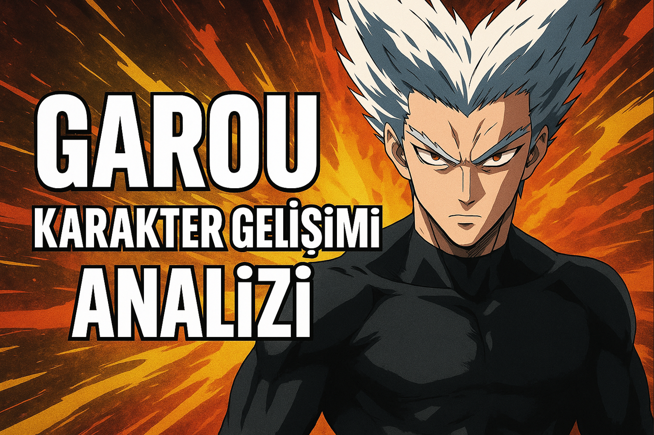 Garou’nun “Ben bu evrende sadece kötü değilim, başrolüm!” bakışı, arka planda animeye yakışır patlama efektiyle birleşiyor – One Punch Man Garou karakter gelişimi analizi için süper kahraman enerjisi!