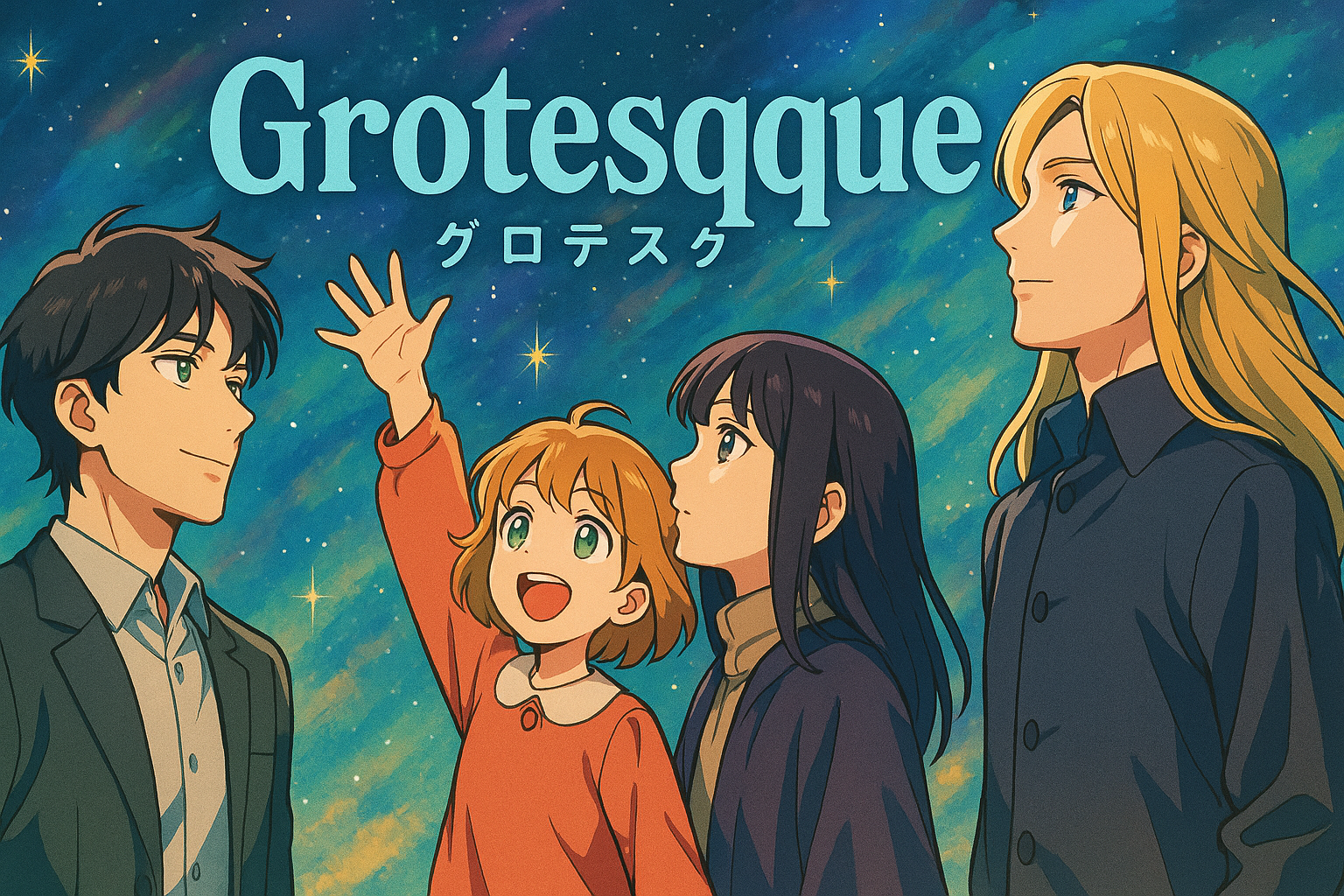 Grotesqqque animesinin karakterleri yıldızlı gökyüzüne umut ve hayal dolu bakışlar atarken, “gelecek parlak mı, yoksa uzaylılar mı geliyor?” dedirten neşeli bir manga görseli