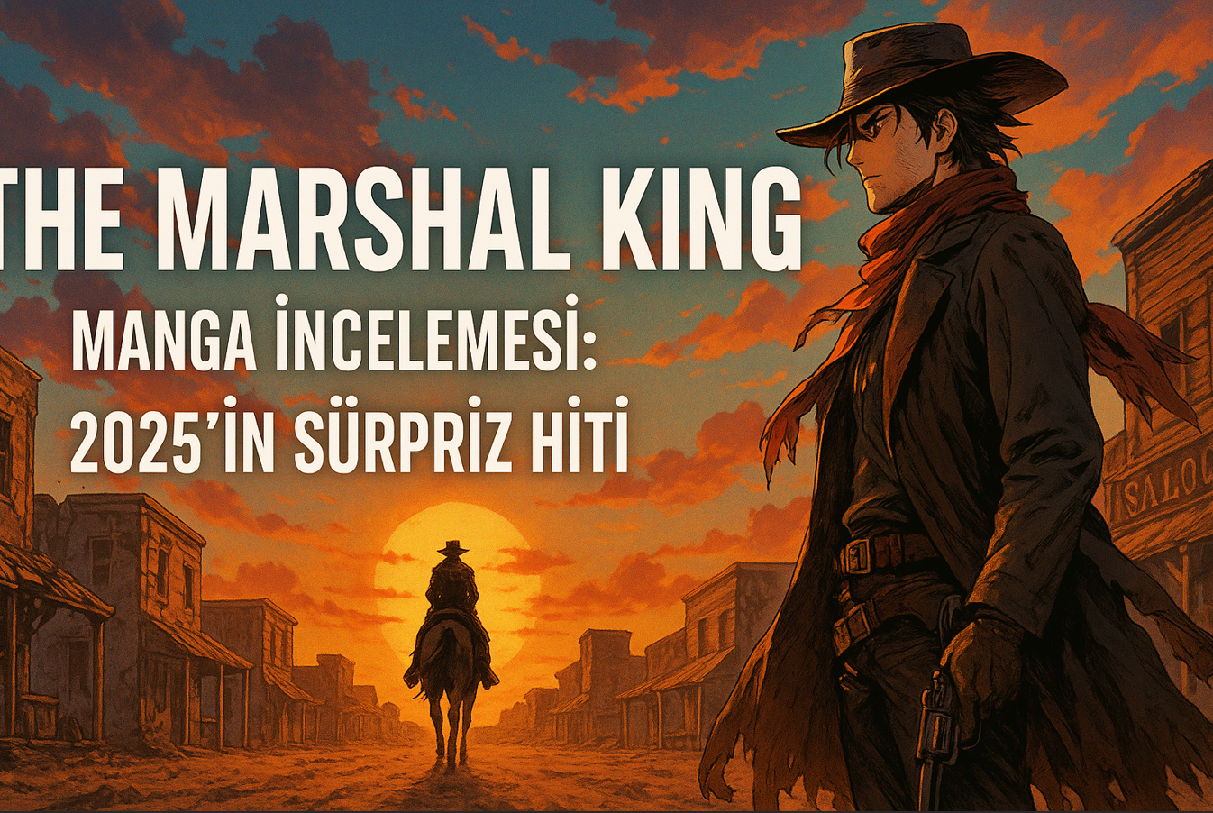 The Marshal King Manga İncelemesi 2025 – Post-apokaliptik western temalı, renkli, canlı ve gösterişli manga karakteri kasaba manzarası gün batımında.